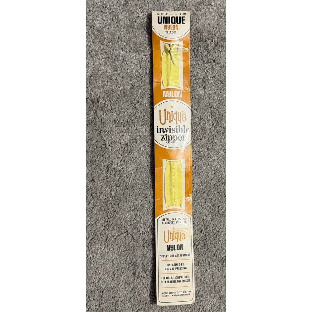 Vintage Unique Invisible Zipper Yellow Nylon 12-14" NOS Made In Japan Sewing